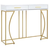 Tavolo Consolle con 2 Cassetti, Maniglie Dorate e Gambe Regolabili, Design Elegante e Moderno, in MDF, 110 x 32 x 85 cm, Bianco