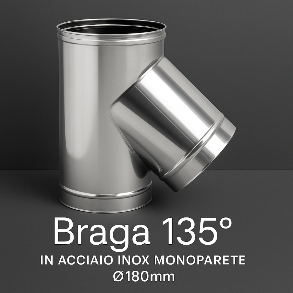Raccordo braga 135° mono parete metallica spessore 0,5 mm canna fumaria *** misura Ø 180 mm, confezione 1