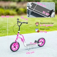 Monopattino per Bambini con Manubrio Regolabile, Grandi Ruote, Supporto per Parcheggio, Freno a Mano, per Bambini dai 5 ai 12 Anni, Rosa