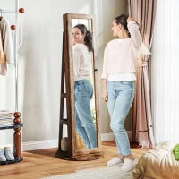 Specchio Portagioie da Terra Girevole a 360° con Ripiani e Chiusura a Chiave, 55x55x161 cm, Marrone Rustico