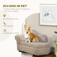 Divano per Cani Rialzato con Spazio Portaoggetti a Scomparsa, in Legno e Tessuto Vellutato, 80x40x46 cm, Beige
