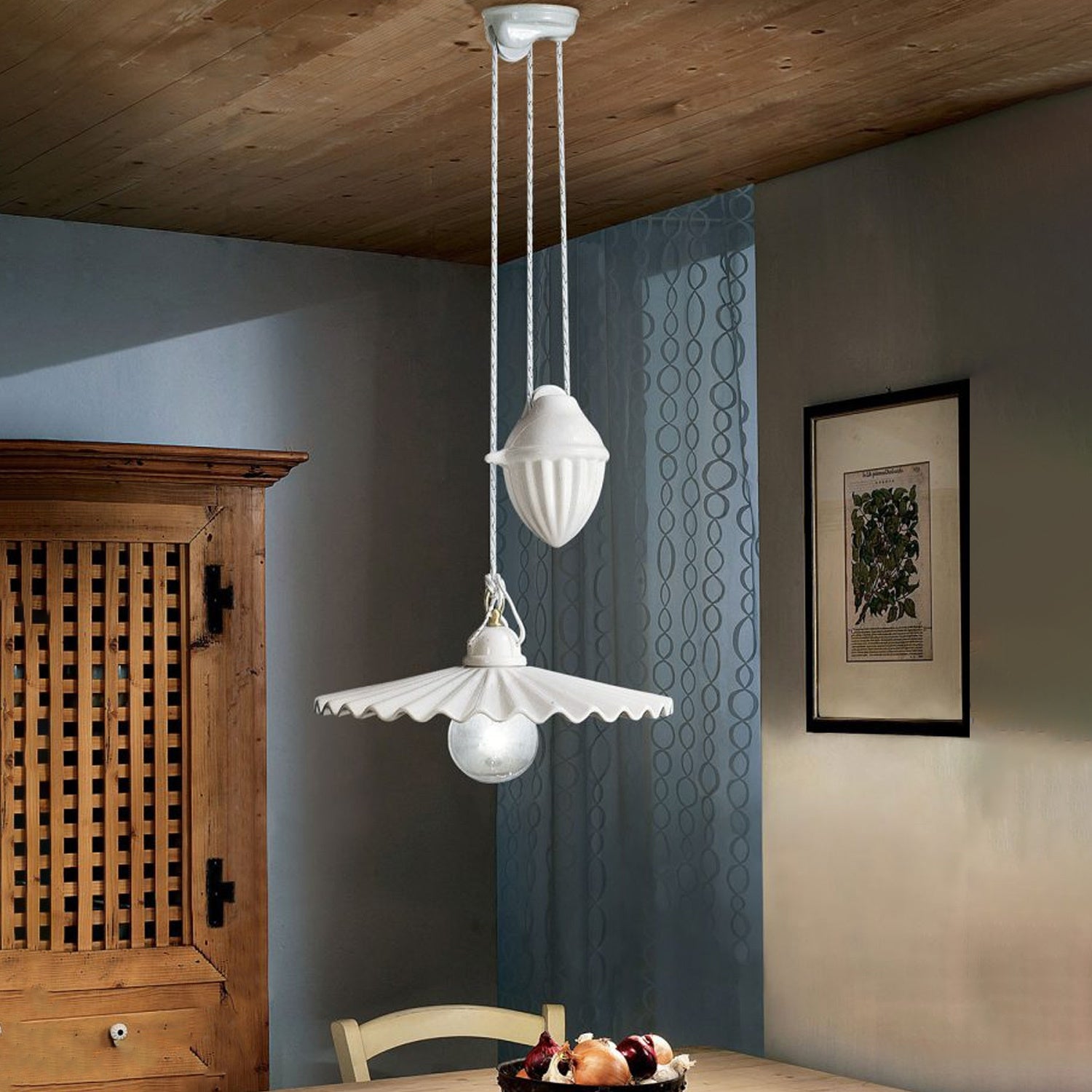 Sospensione Saliscendi Classico L'Aquila Metallo E Ceramica Ottone 1 Luce E27