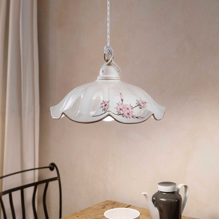 Lampadario Classico Belluno Ceramica E Ottone Satinato Decorato 1 Luce E27