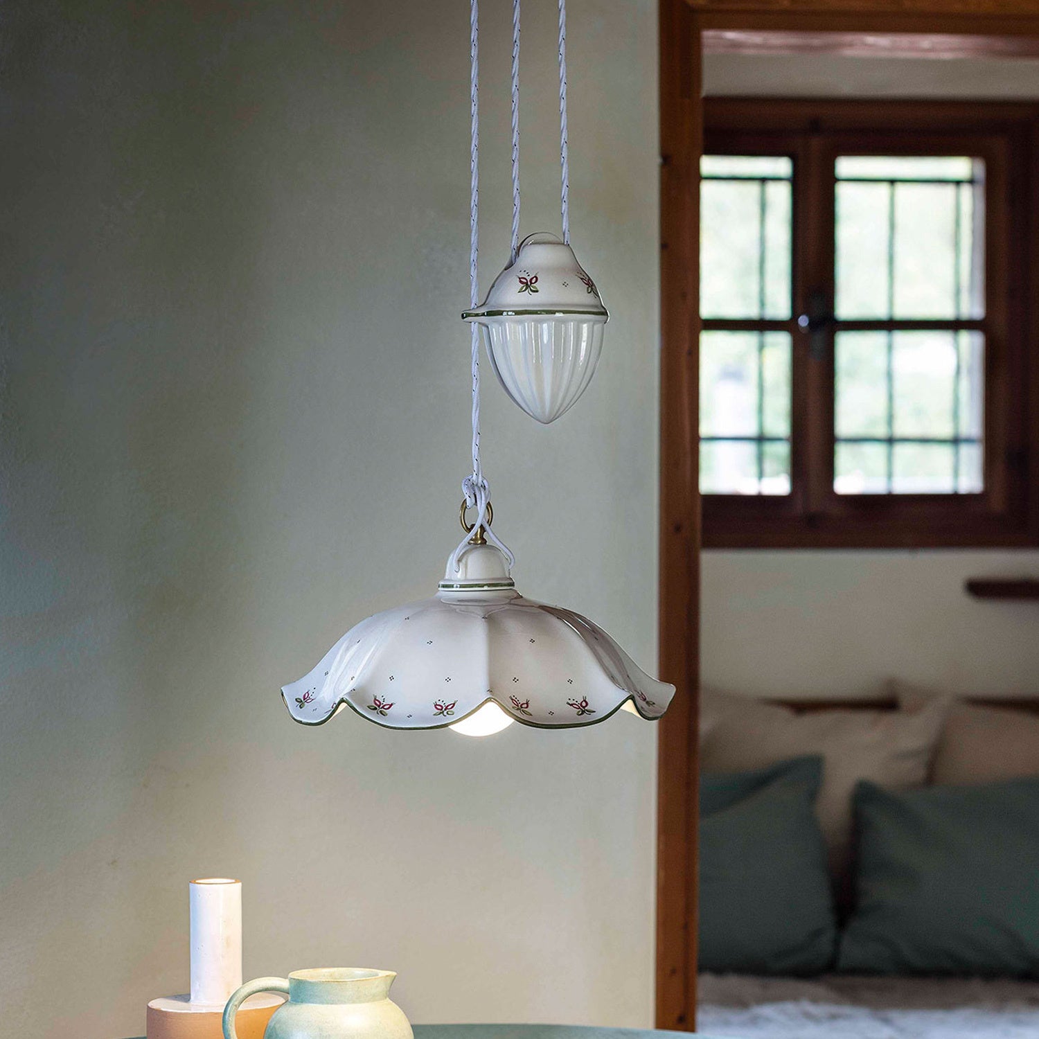 Lampadario Saliscendi Classico Belluno Ceramica E Ottone Decorato 1 Luce E27