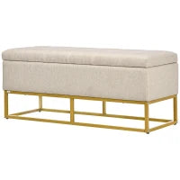 Panca con Contenitore in Poliestere Trapuntata con Gambe in Acciaio d'oro, 110x44x48cm, Beige
