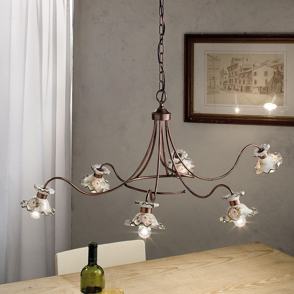 Lampadario Classico Milano Metallo E Ceramica Nero Sfumato Rame 6 Luci E14