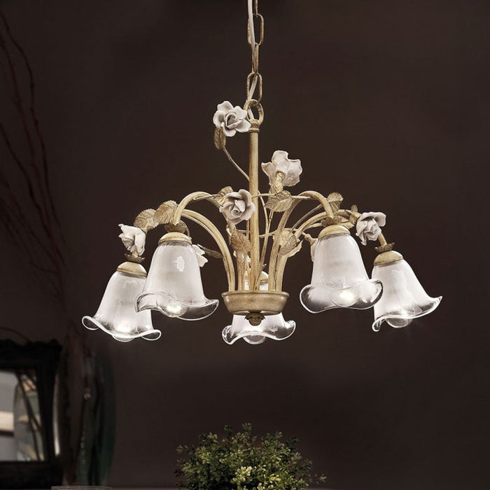 Lampadario Classico Siena Metallo E Ceramica Nero Sfumato Oro Lucido 5 Luci E14