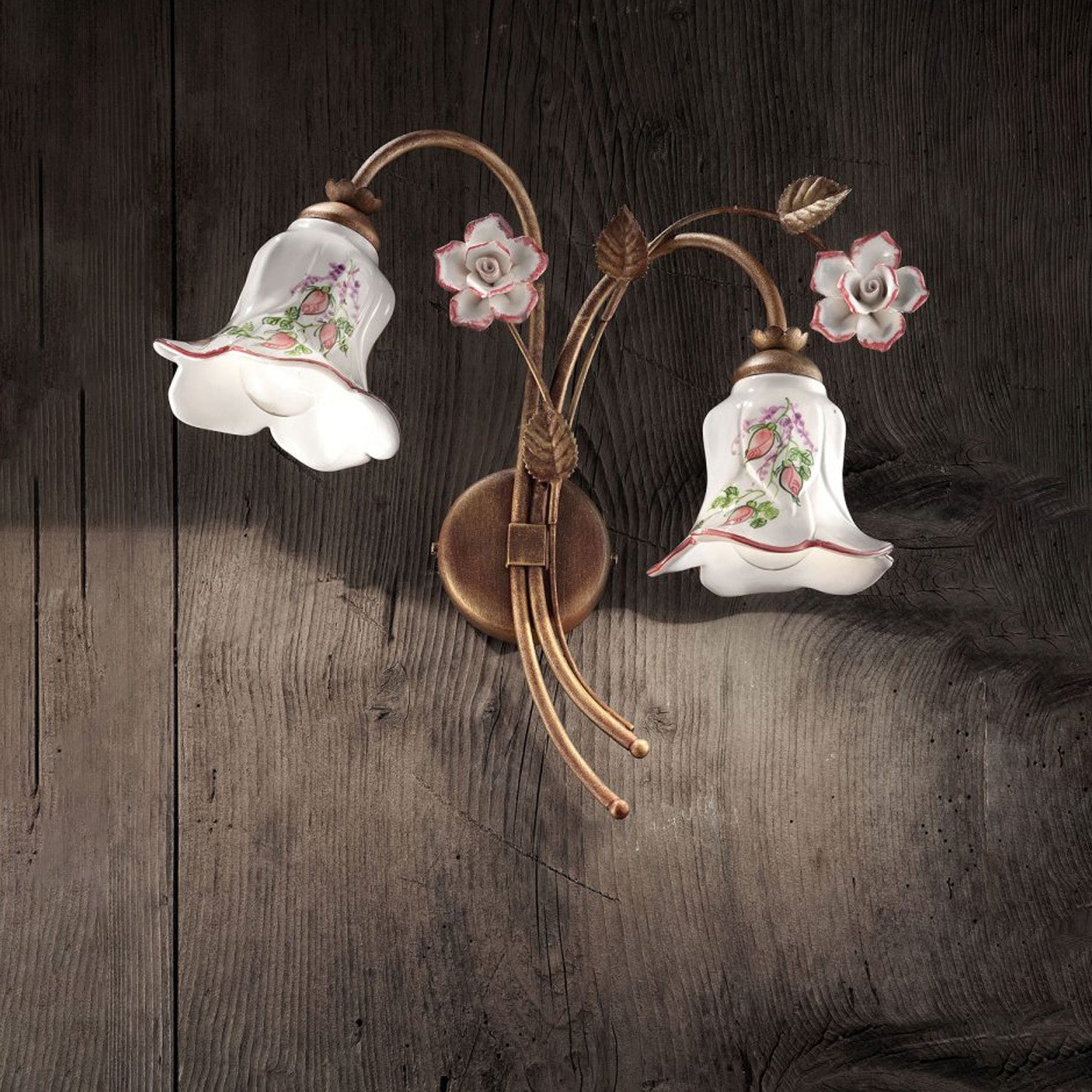 Applique Classica Pisa Metallo E Ceramica Ruggine Sfumato Oro 2 Luci E14