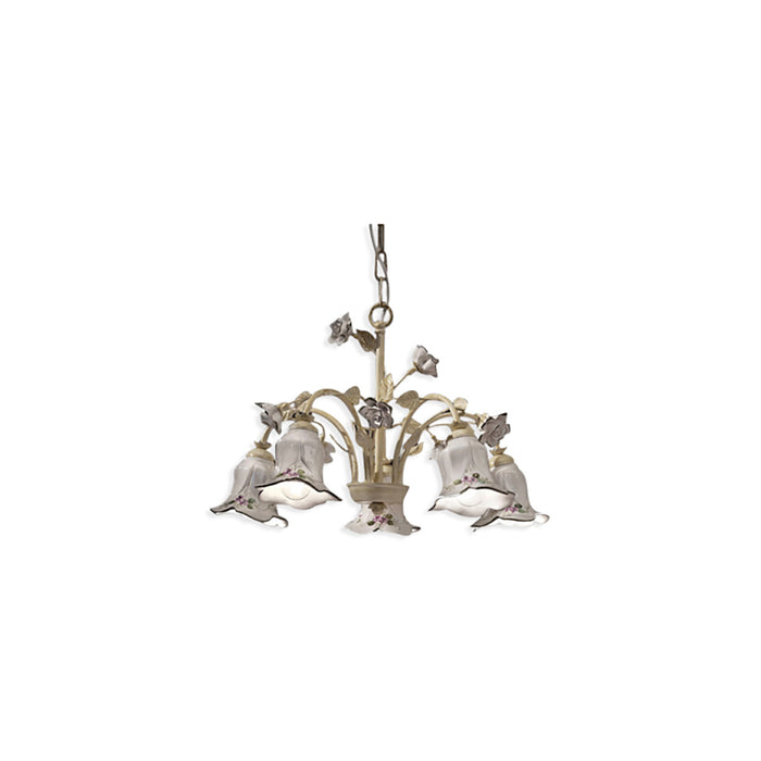 Lampadario Classico Pisa Metallo E Ceramica Bianco Sfumato Oro 5 Luci E14