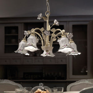 Lampadario Classico Pisa Metallo E Ceramica Bianco Sfumato Oro 5 Luci E14