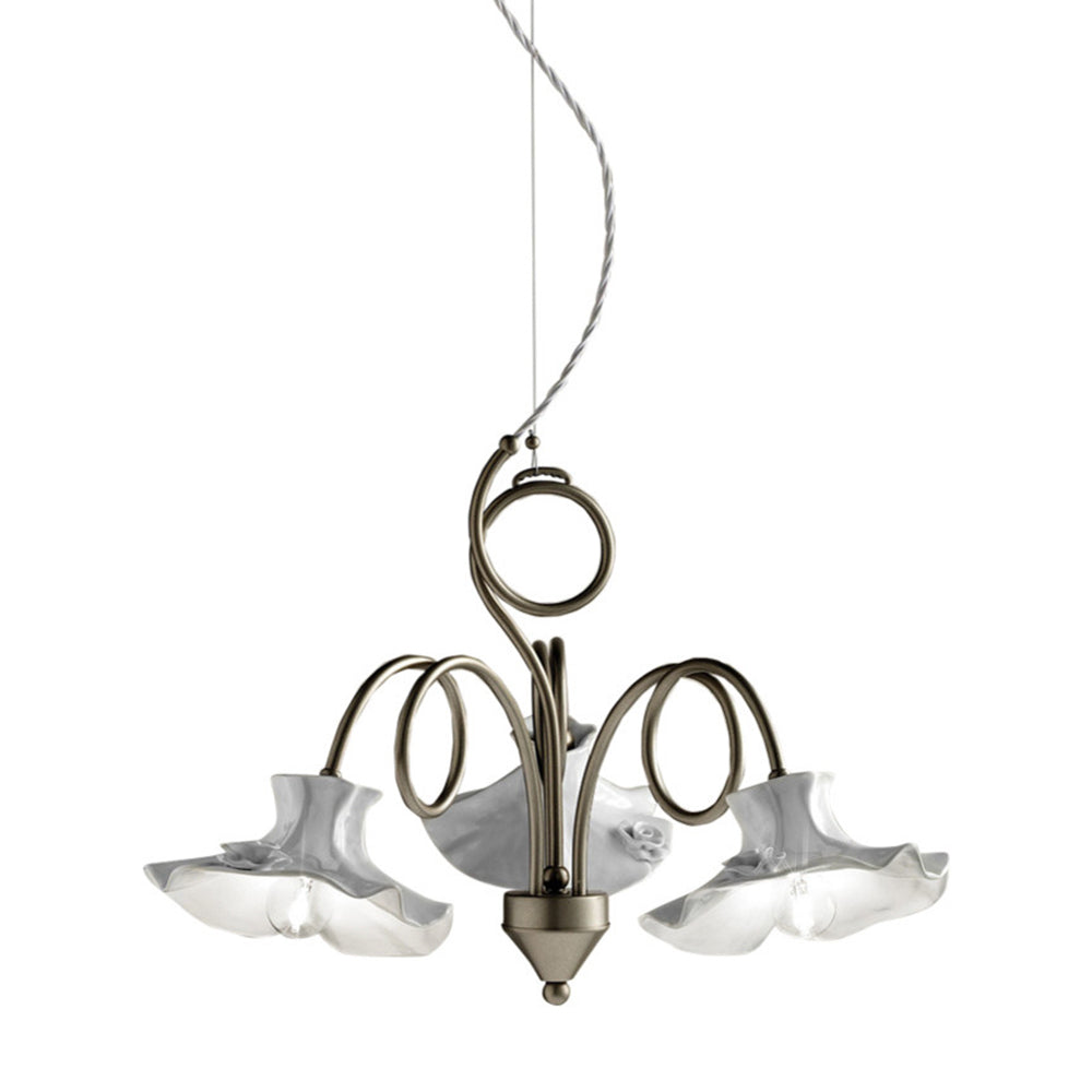 Lampadario Classico Lecco Metallo E Ceramica Argento Decorato 3 Luci E14