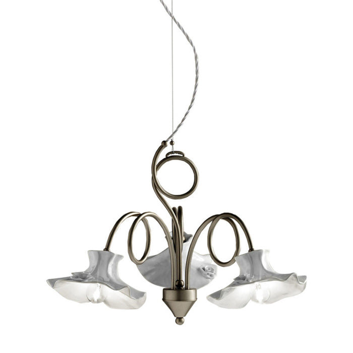 Lampadario Classico Lecco Metallo E Ceramica Argento Decorato 3 Luci E14