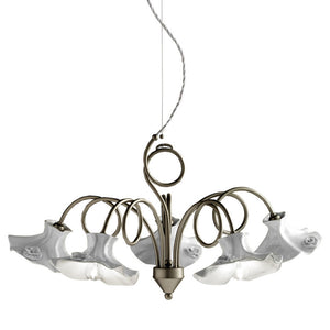 Lampadario Classico Lecco Metallo E Ceramica Argento Decorato 5 Luci E14