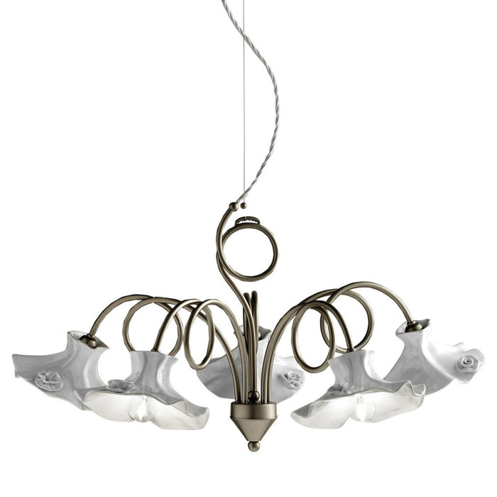 Lampadario Classico Lecco Metallo E Ceramica Argento Decorato 5 Luci E14