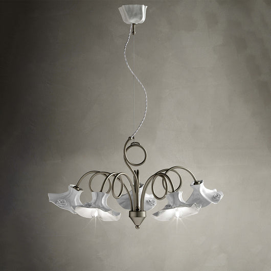 Lampadario Classico Lecco Metallo E Ceramica Argento Decorato 5 Luci E14