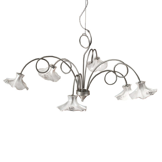 Lampadario Classico Lecco Metallo E Ceramica Argento Decorato 6 Luci E14