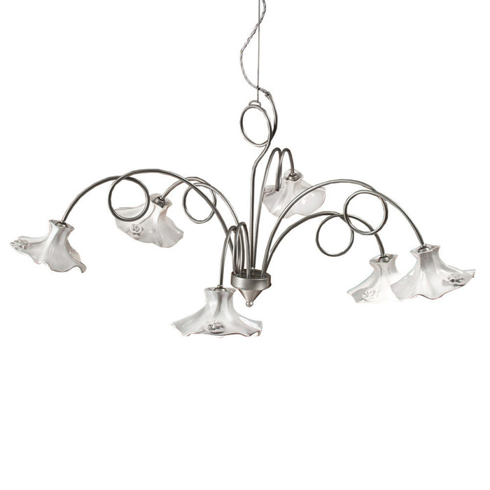 Lampadario Classico Lecco Metallo E Ceramica Argento Decorato 6 Luci E14