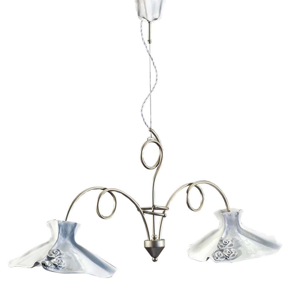 Lampadario Classico Lecco Metallo E Ceramica Argento Decorato 2 Luci E27