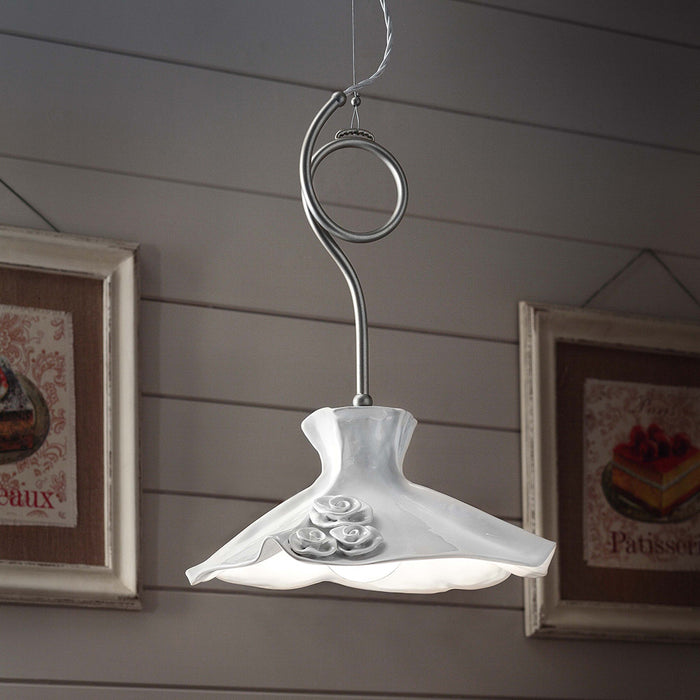 Lampadario Classico Lecco Metallo E Ceramica Argento Decorato 1 Luce E27