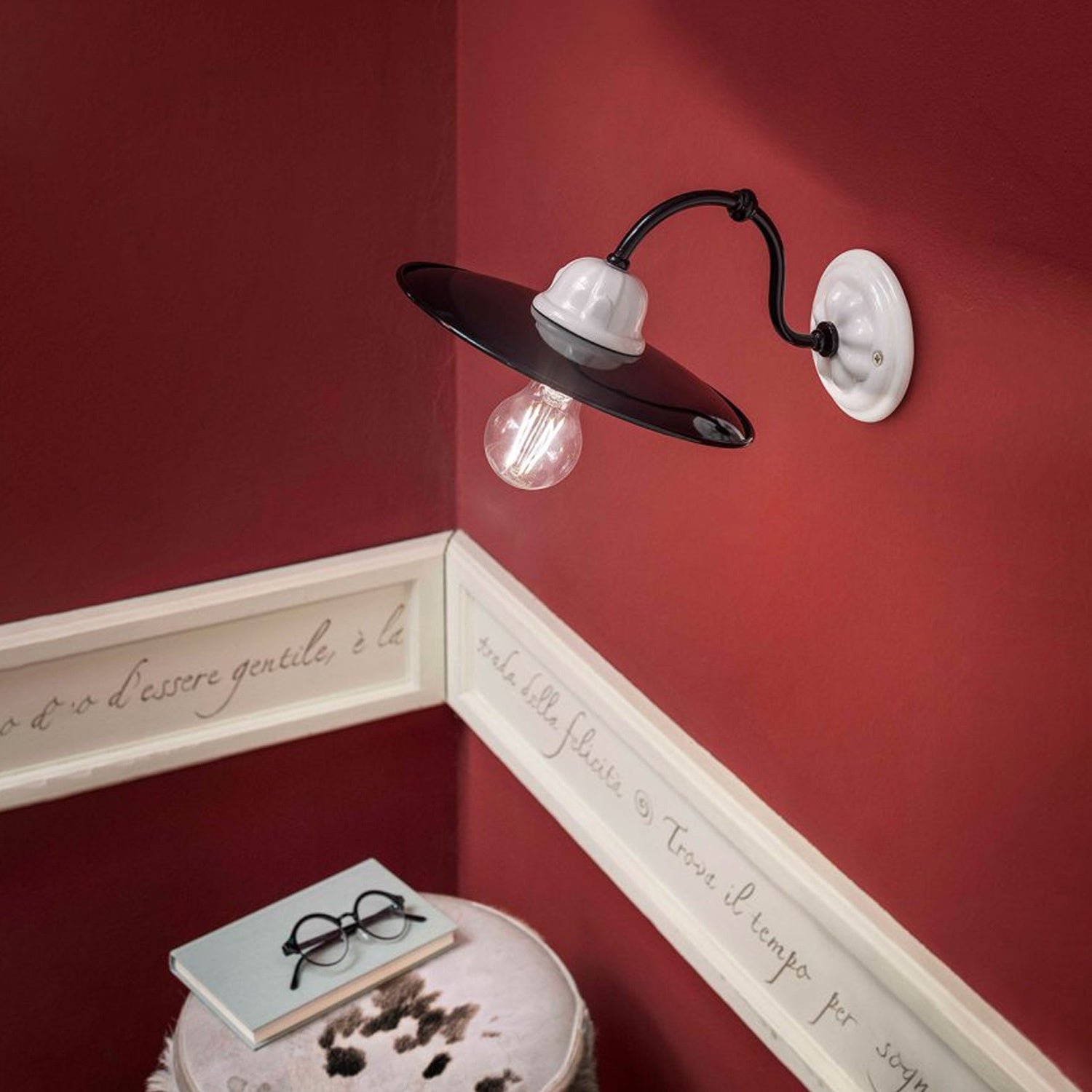 Applique Classica Potenza Ferro E Ceramica Nero E Decorata Lucida 1 Luce E27