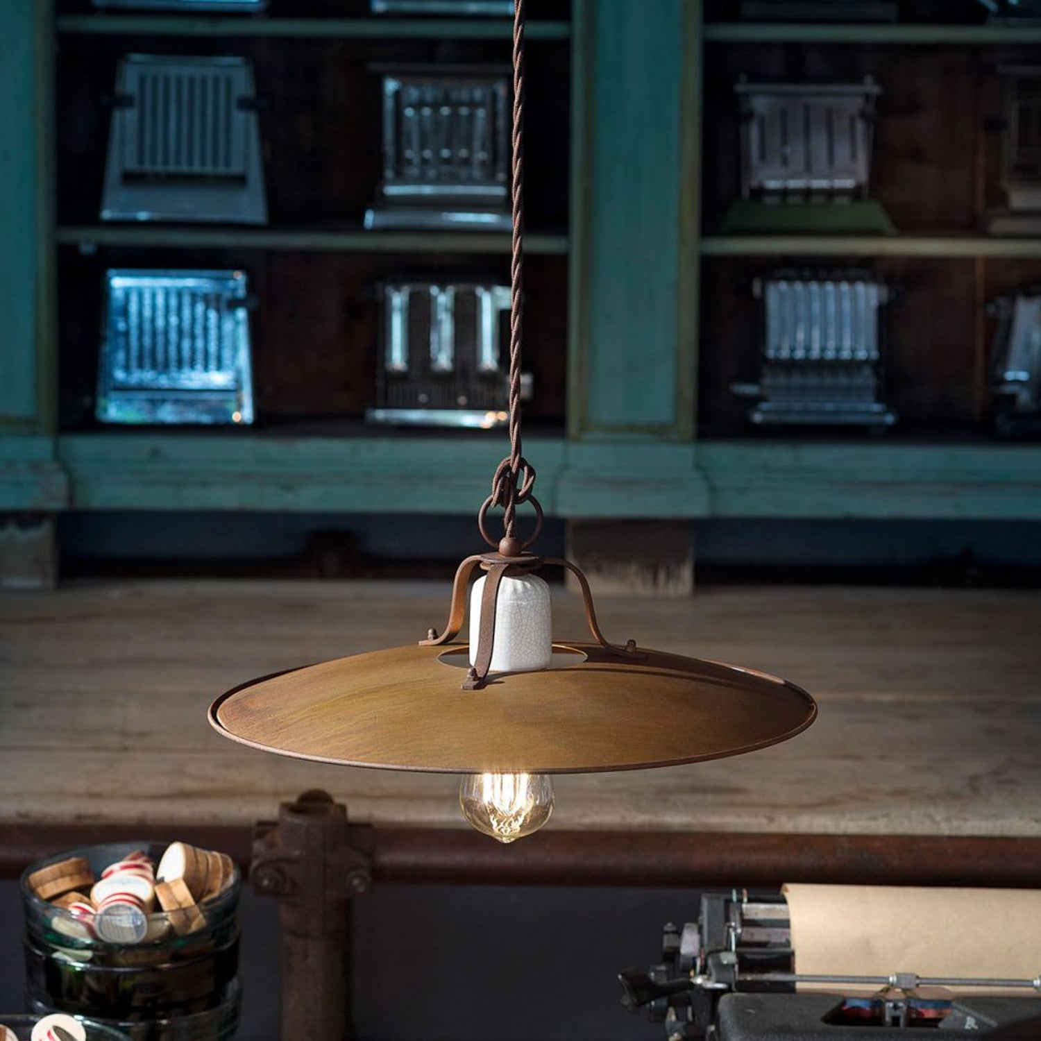 Lampadario Vintage Grunge Ferro E Ceramica Craquele' 1 Luce E27 40Cm