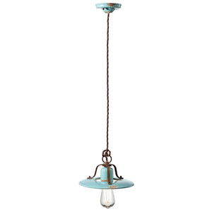 Lampadario Vintage Country Ferro E Ceramica Azzurro 1 Luce E27 25Cm