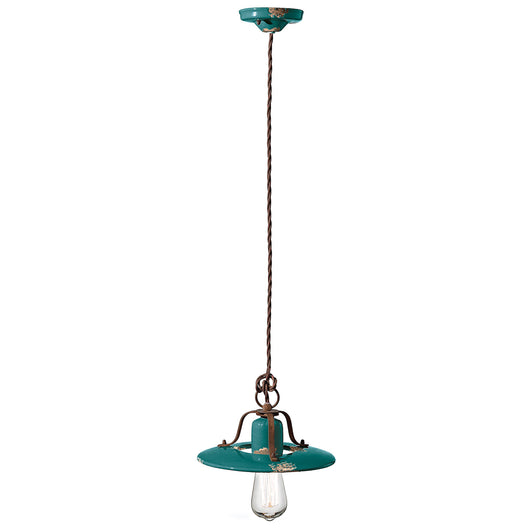 Lampadario Vintage Country Ferro E Ceramica Verde 1 Luce E27 25Cm