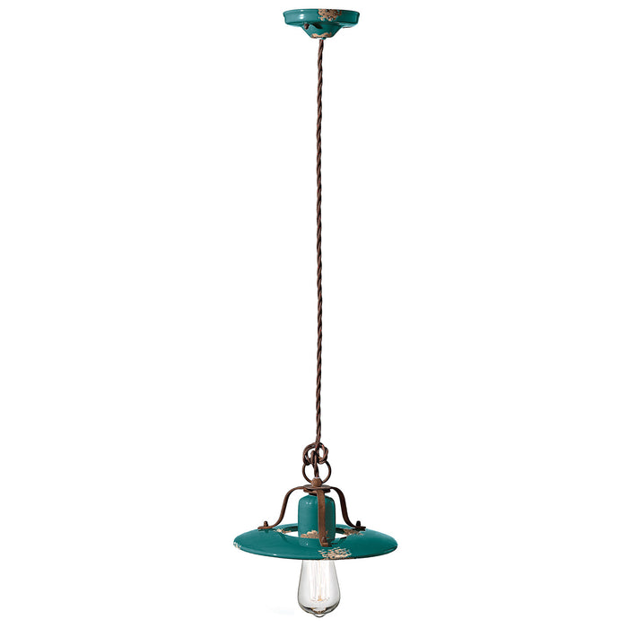 Lampadario Vintage Country Ferro E Ceramica Verde 1 Luce E27 25Cm