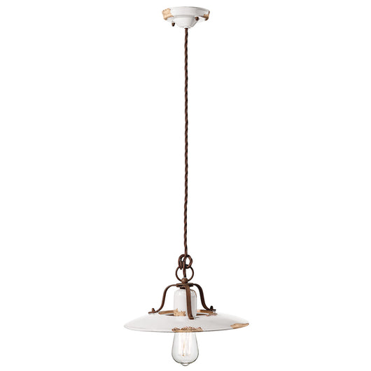 Lampadario Vintage Country Ferro E Ceramica Bianco 1 Luce E27 30Cm