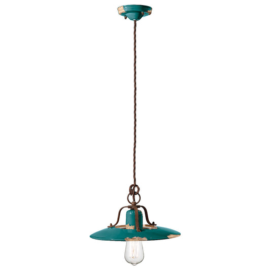 Lampadario Vintage Country Ferro E Ceramica Verde 1 Luce E27 30Cm