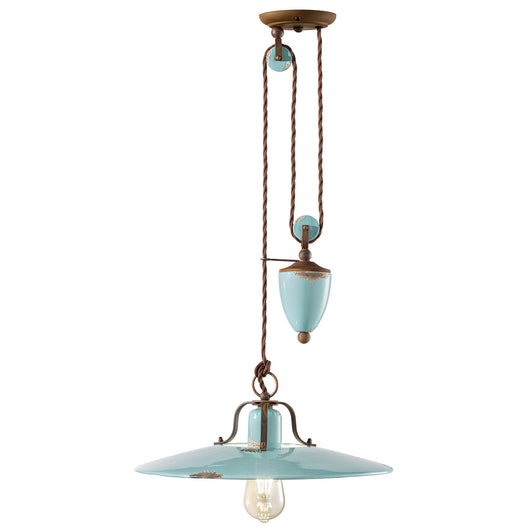Lampadario Vintage Country Saliscendi Ferro E Ceramica Azzurro 1 Luce E27