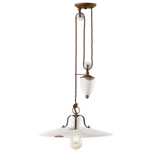 Lampadario Vintage Country Saliscendi Ferro E Ceramica Bianco 1 Luce E27