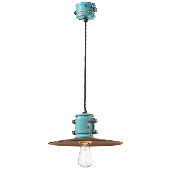 Lampadario Vintage Urban Ferro E Ceramica Azzurro 1 Luce E27 40Cm