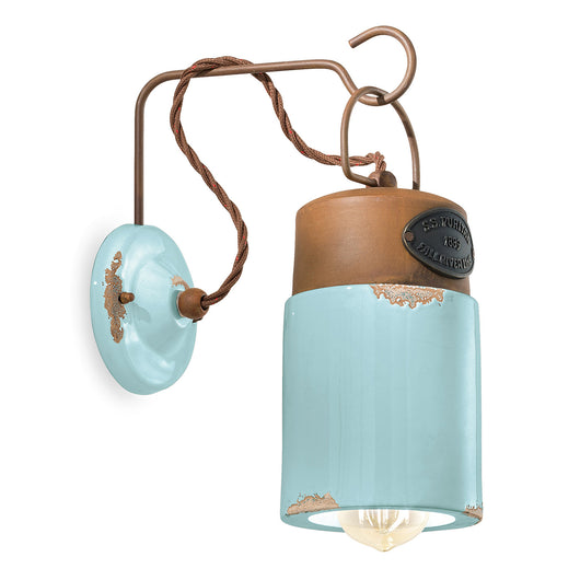 Applique Vintage Industrial Ferro E Ceramica Azzurro 1 Luce E27