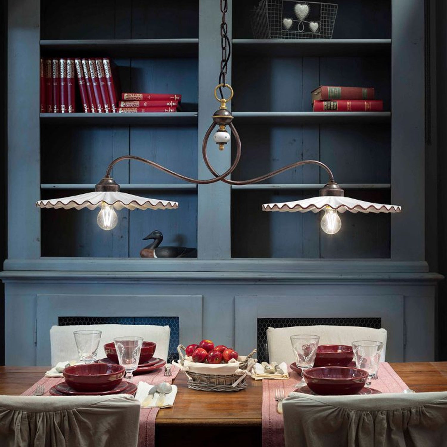 Lampadario Classico L'Aquila Metallo E Ceramica Nero Sfumato Rame 2 Luci E27