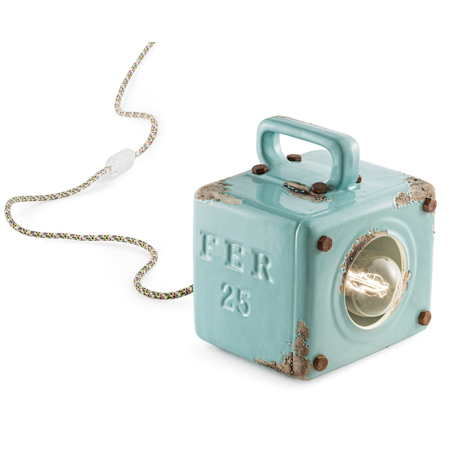 Lumetto Vintage Industrial Cubica Ferro Ceramica Azzurro 1 Luce E27