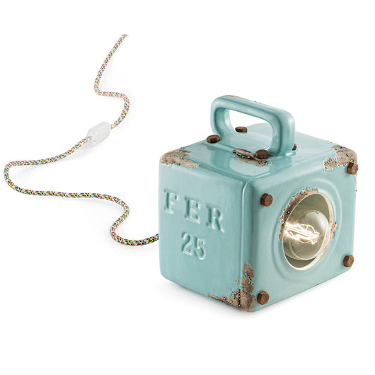 Lumetto Vintage Industrial Cubica Ferro Ceramica Azzurro 1 Luce E27