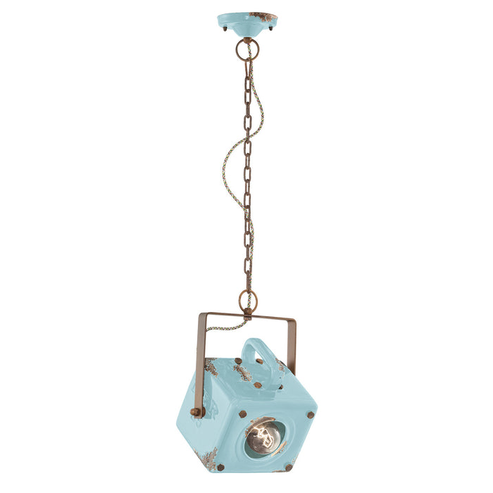Lampadario Vintage Industrial Ferro E Ceramica Azzurro 1 Luce E27