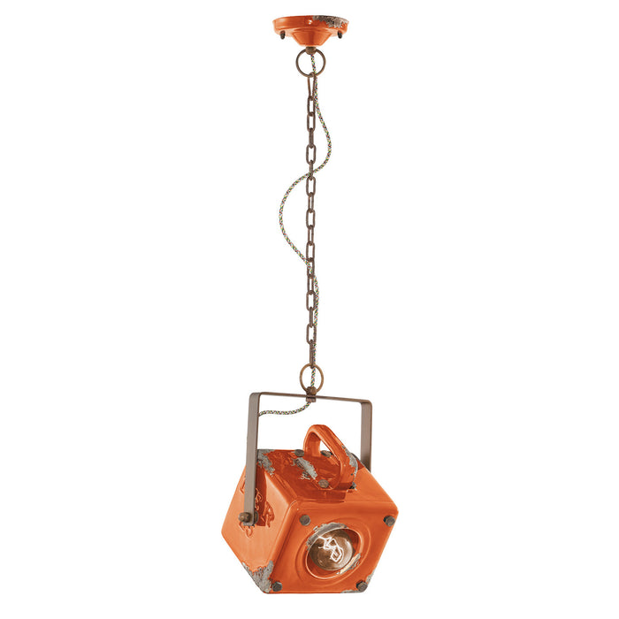Lampadario Vintage Industrial Ferro E Ceramica Arancio 1 Luce E27