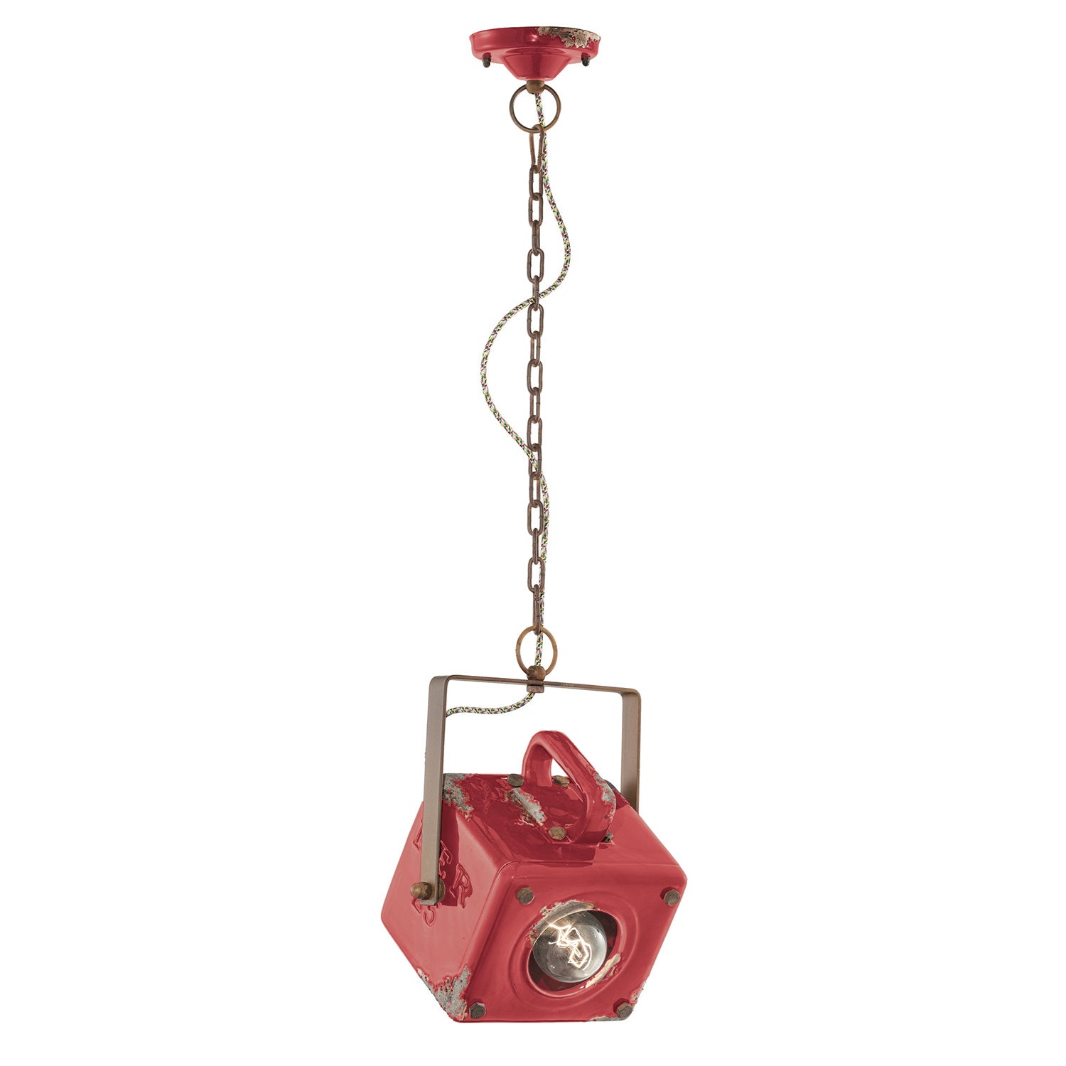 Lampadario Vintage Industrial Ferro E Ceramica Rosso 1 Luce E27