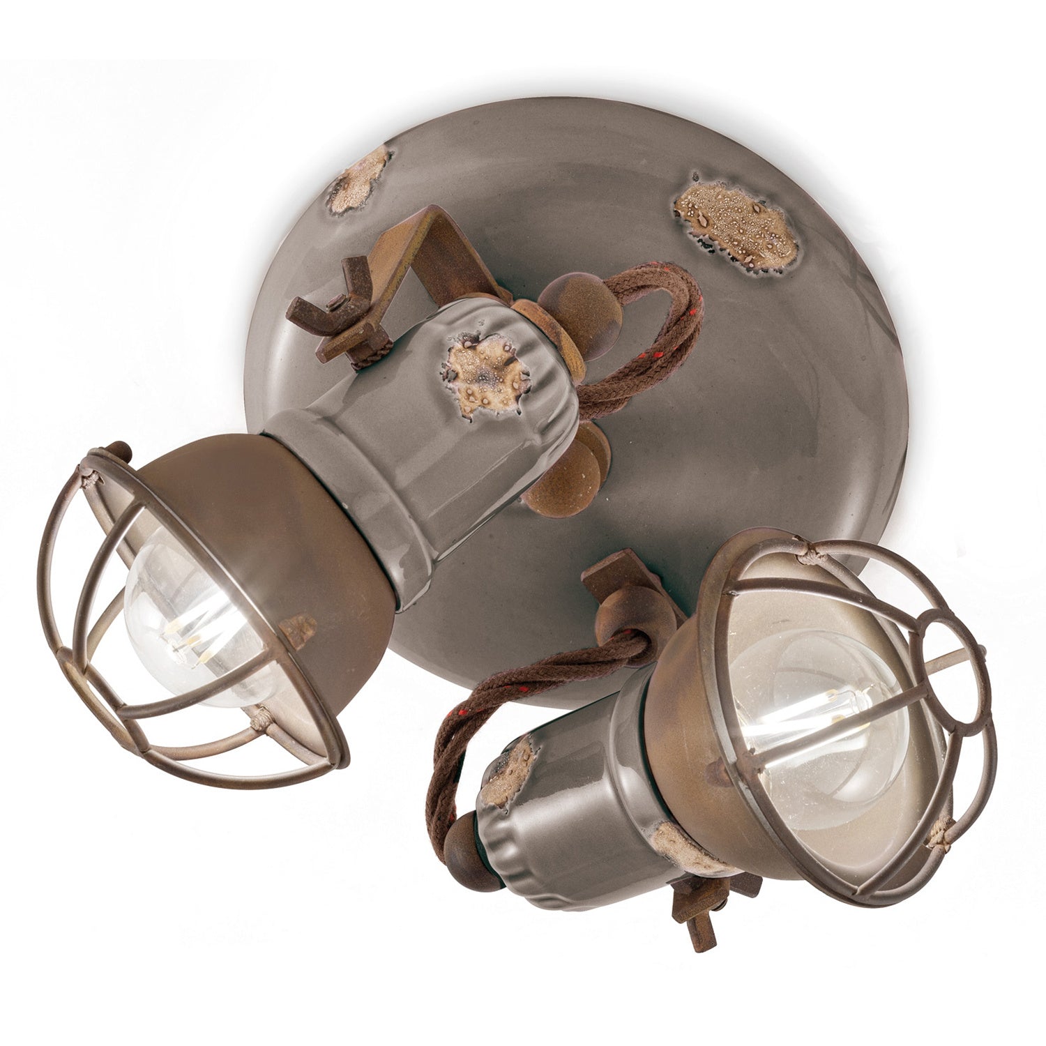 Plafoniera Vintage Loft Ferro E Ceramica Con Rete Tortora 2 Luci E14