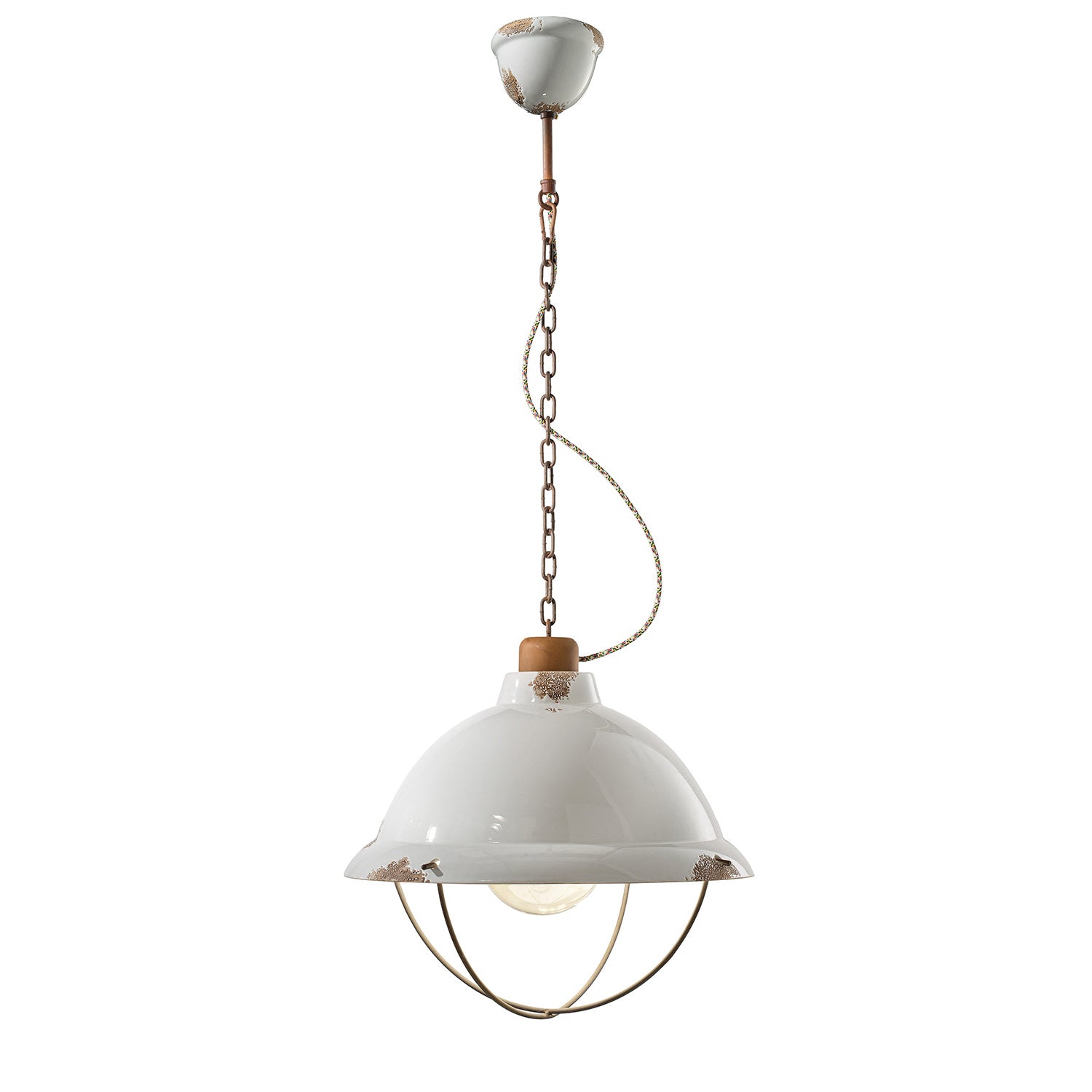 Lampadario Industrial Ferro E Ceramica Con Rete Vintage Bianco 1 Luce E27 40Cm
