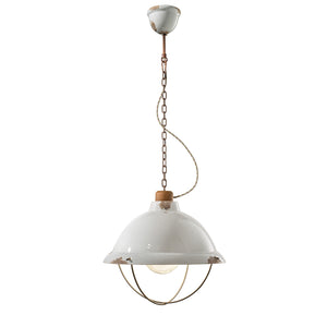 Lampadario Industrial Ferro E Ceramica Con Rete Vintage Bianco 1 Luce E27 40Cm