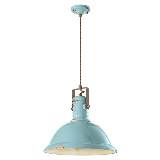 Lampadario Industrial Ferro E Ceramica Vintage Azzurro 1 Luce E27 40Cm