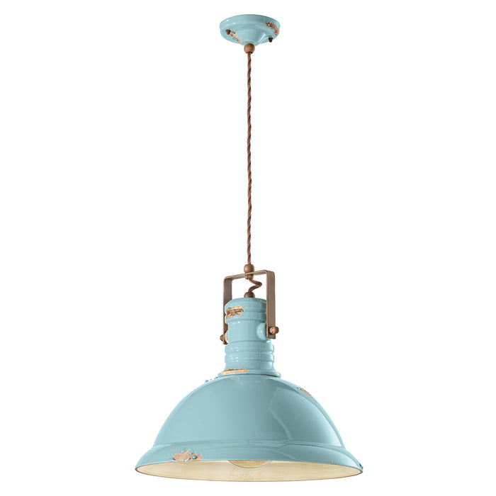 Lampadario Industrial Ferro E Ceramica Vintage Azzurro 1 Luce E27 40Cm
