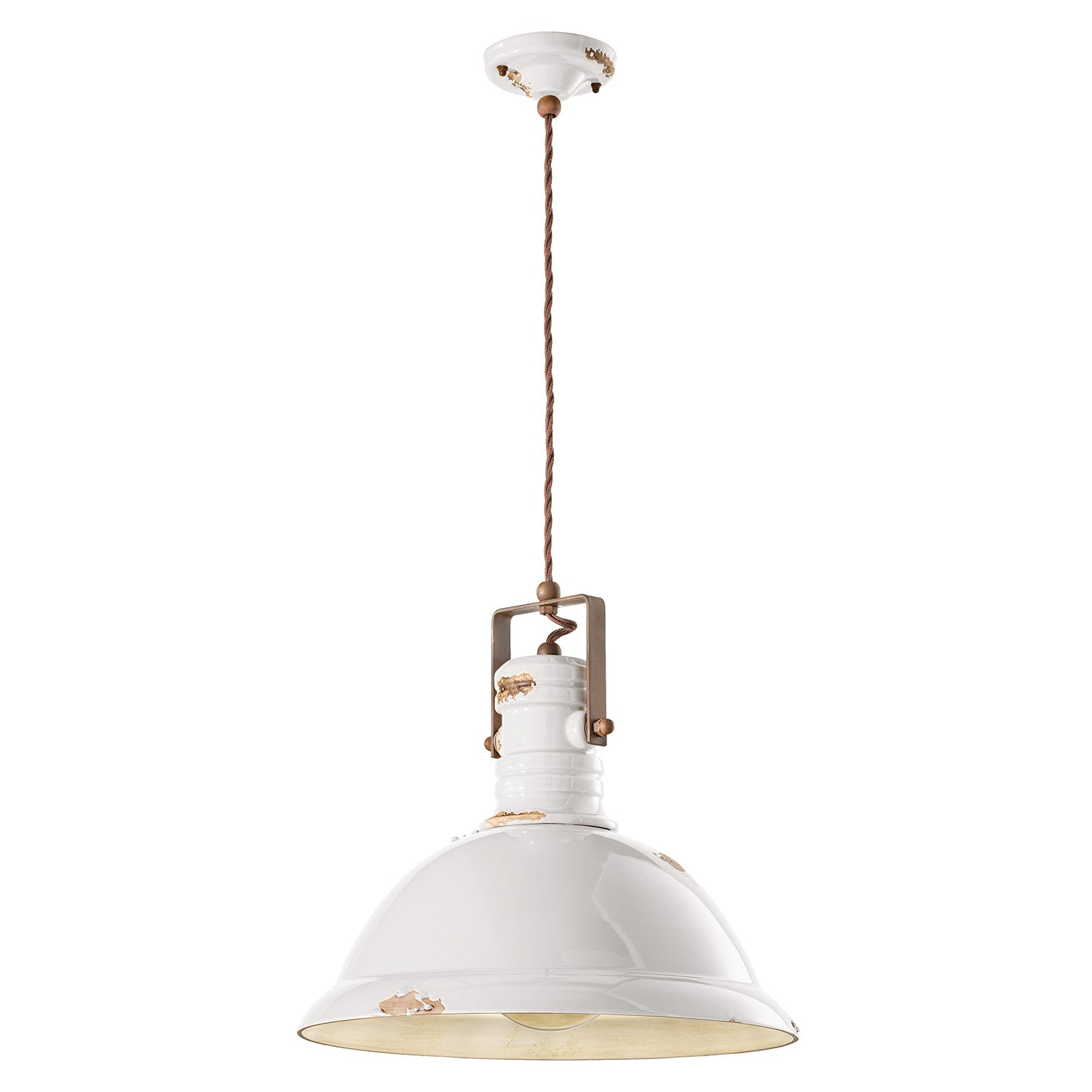 Lampadario Industrial Ferro E Ceramica Vintage Bianco 1 Luce E27 40Cm