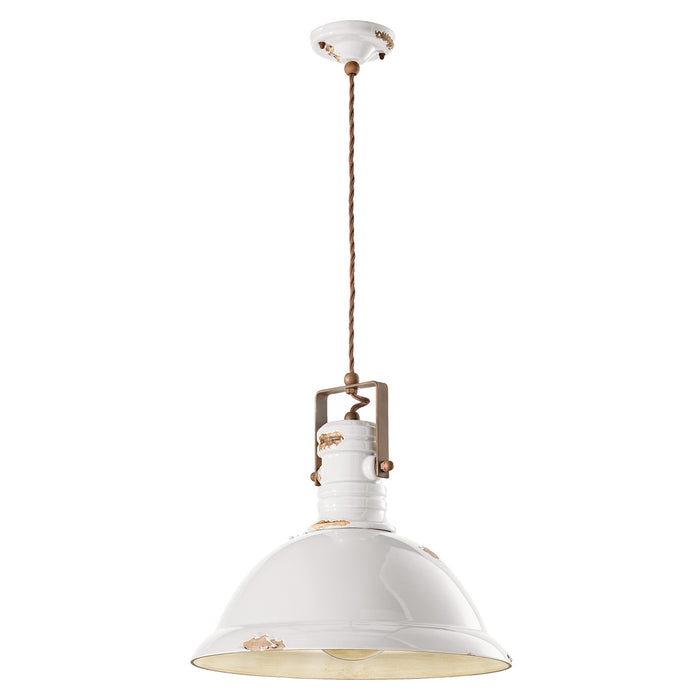 Lampadario Industrial Ferro E Ceramica Vintage Bianco 1 Luce E27 40Cm