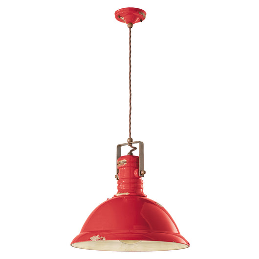 Lampadario Industrial Ferro E Ceramica Vintage Rosso 1 Luce E27 40Cm