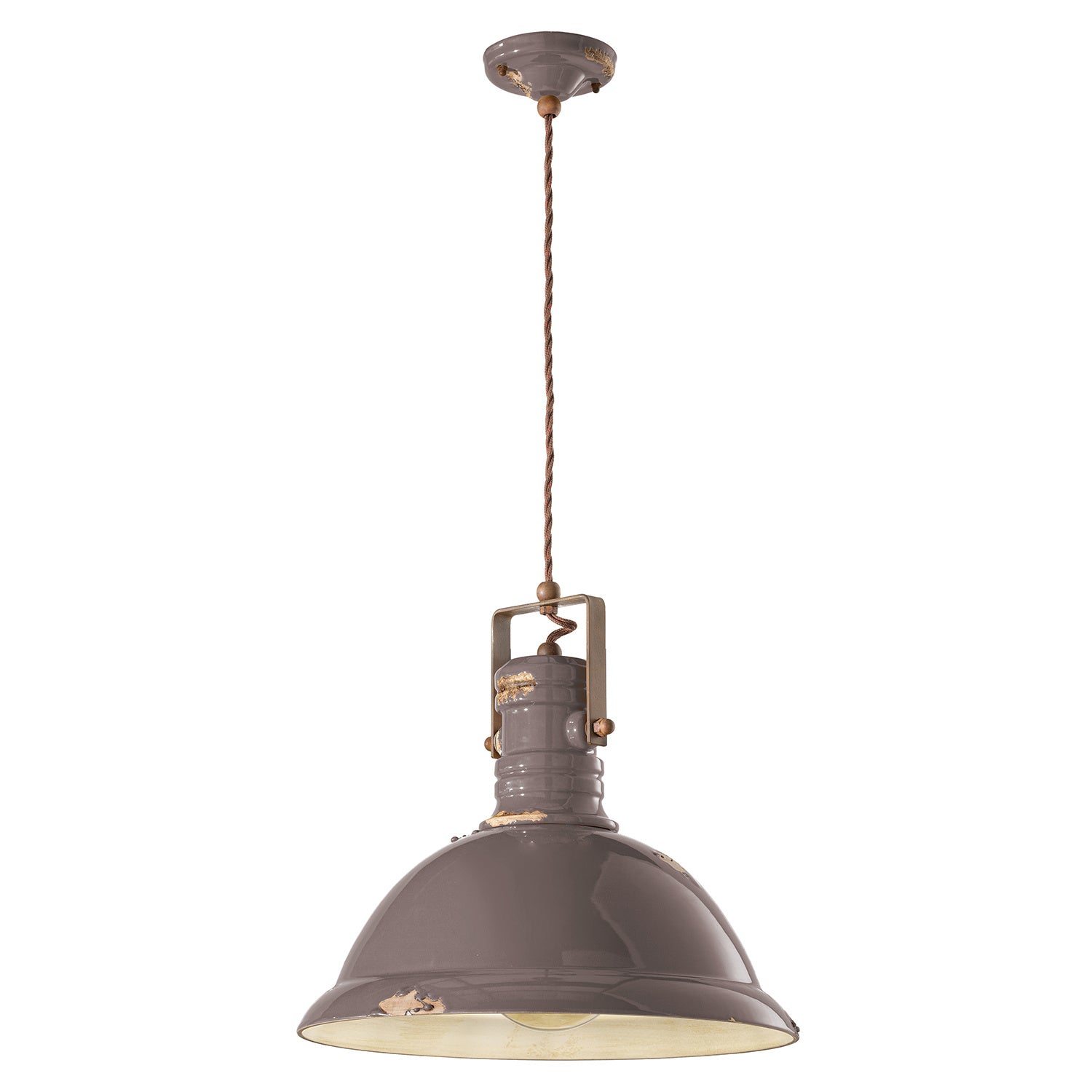 Lampadario Industrial Ferro E Ceramica Vintage Tortora 1 Luce E27 40Cm