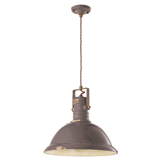 Lampadario Industrial Ferro E Ceramica Vintage Tortora 1 Luce E27 40Cm